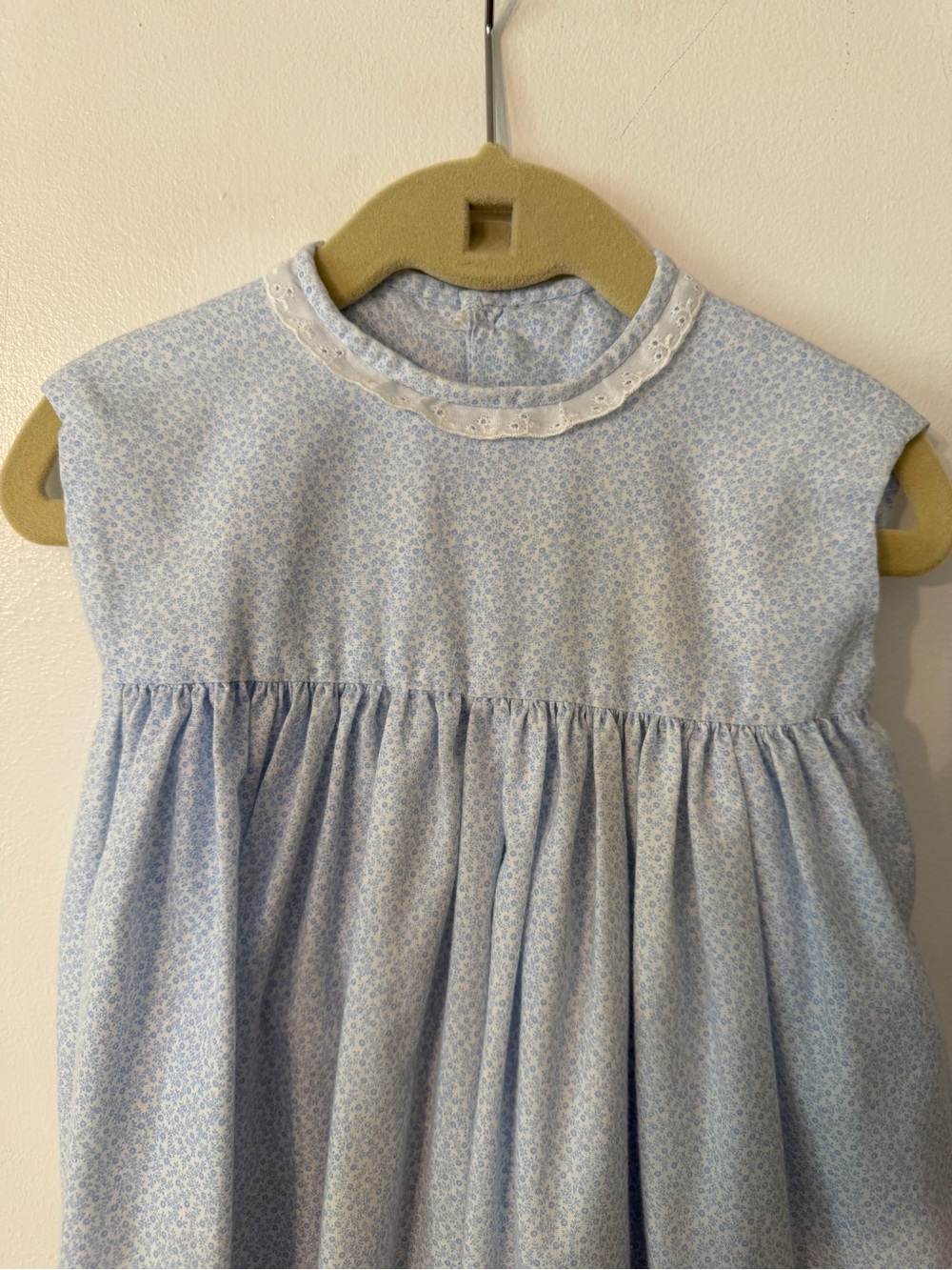 Back to School Light Blue Tiny Print Handmade Gathered Dress with Eyelet Collar